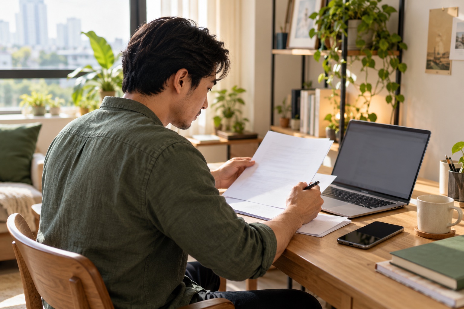 A man carefully reviews documents beside a laptop and phone at home