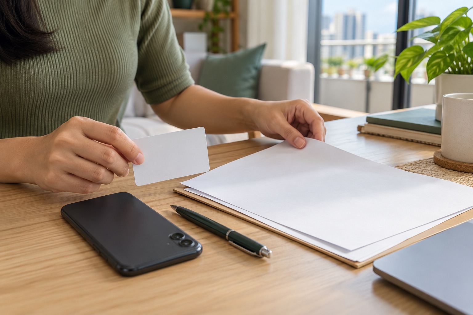 Hands arranging a blank card and papers beside a phone and pen