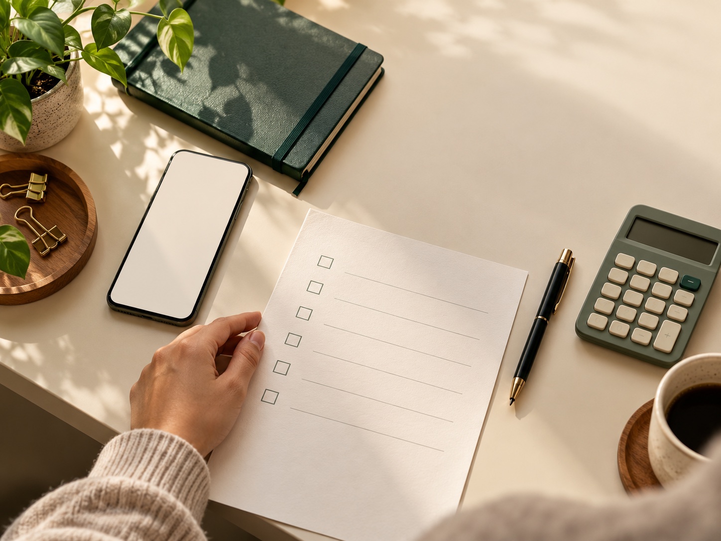 A hand reviews a blank checklist beside a phone and calculator