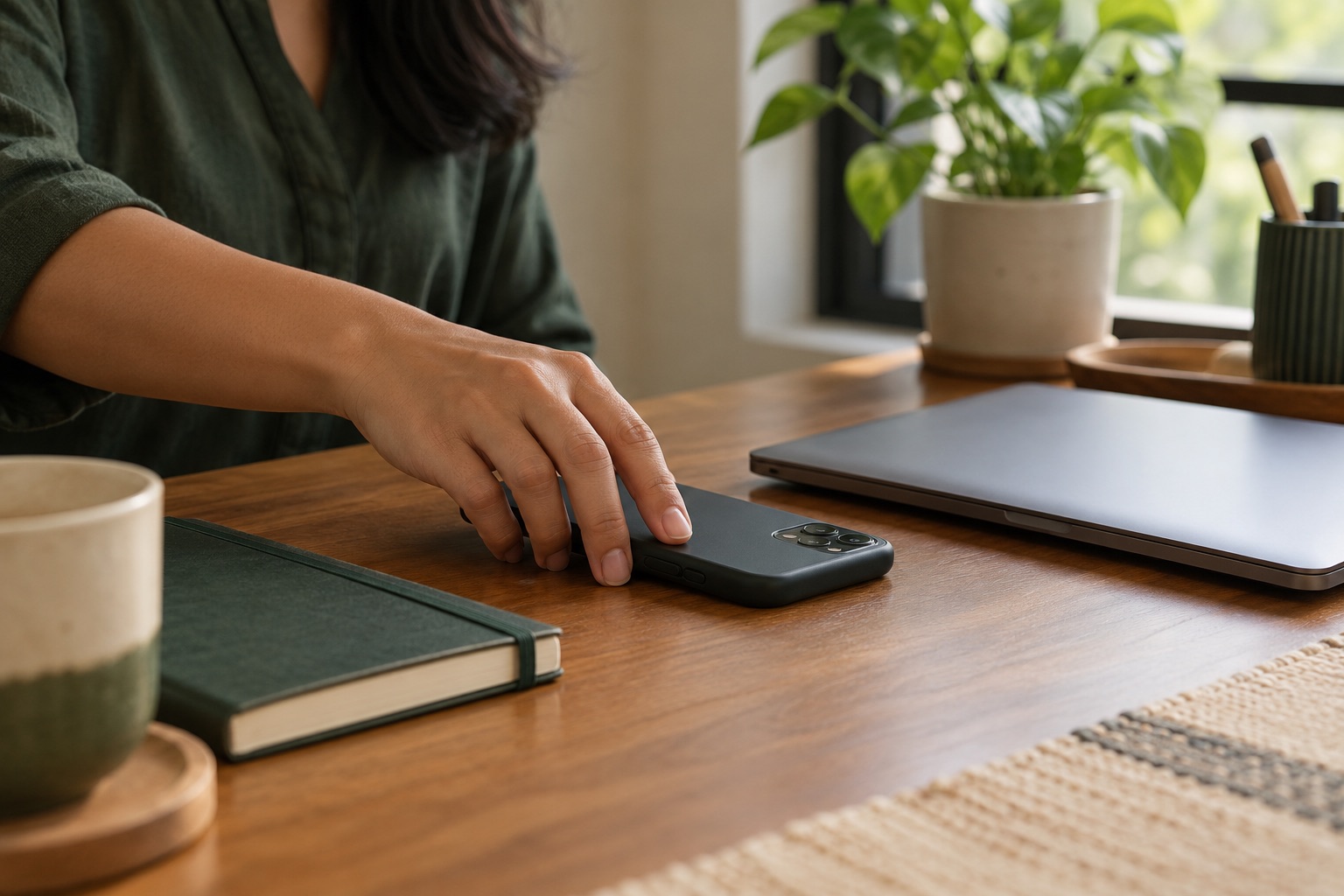 A person places a smartphone face down beside a closed notebook